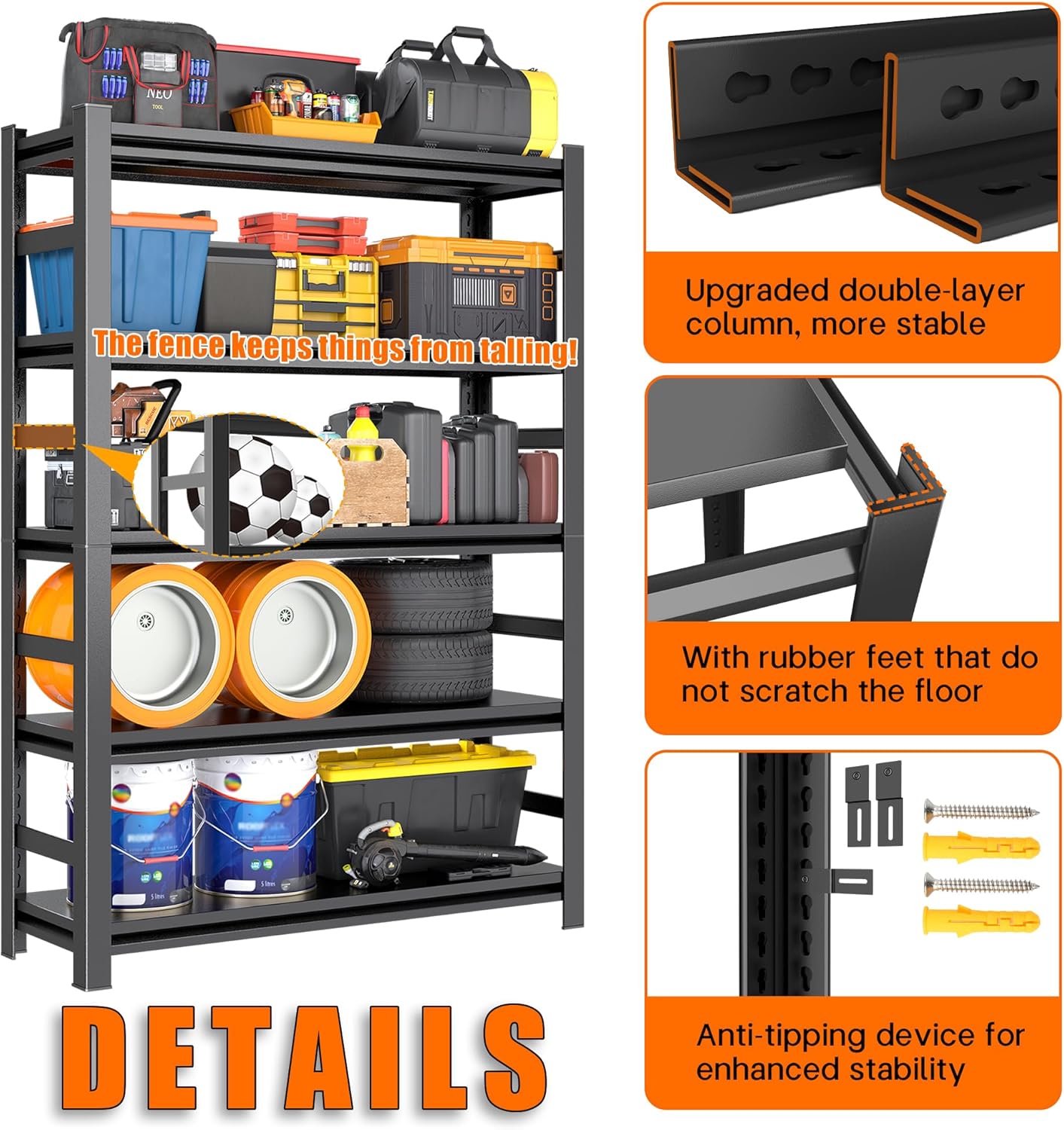 78"H Garage Storage Shelves Heavy Duty Garage Shelving, 4500 LBS Capacity 5 Tier Adjustable Metal Utility Shelves Industrial Shelving Units for Basement and Warehouse, 78"H×47.24"W×18"D, Black