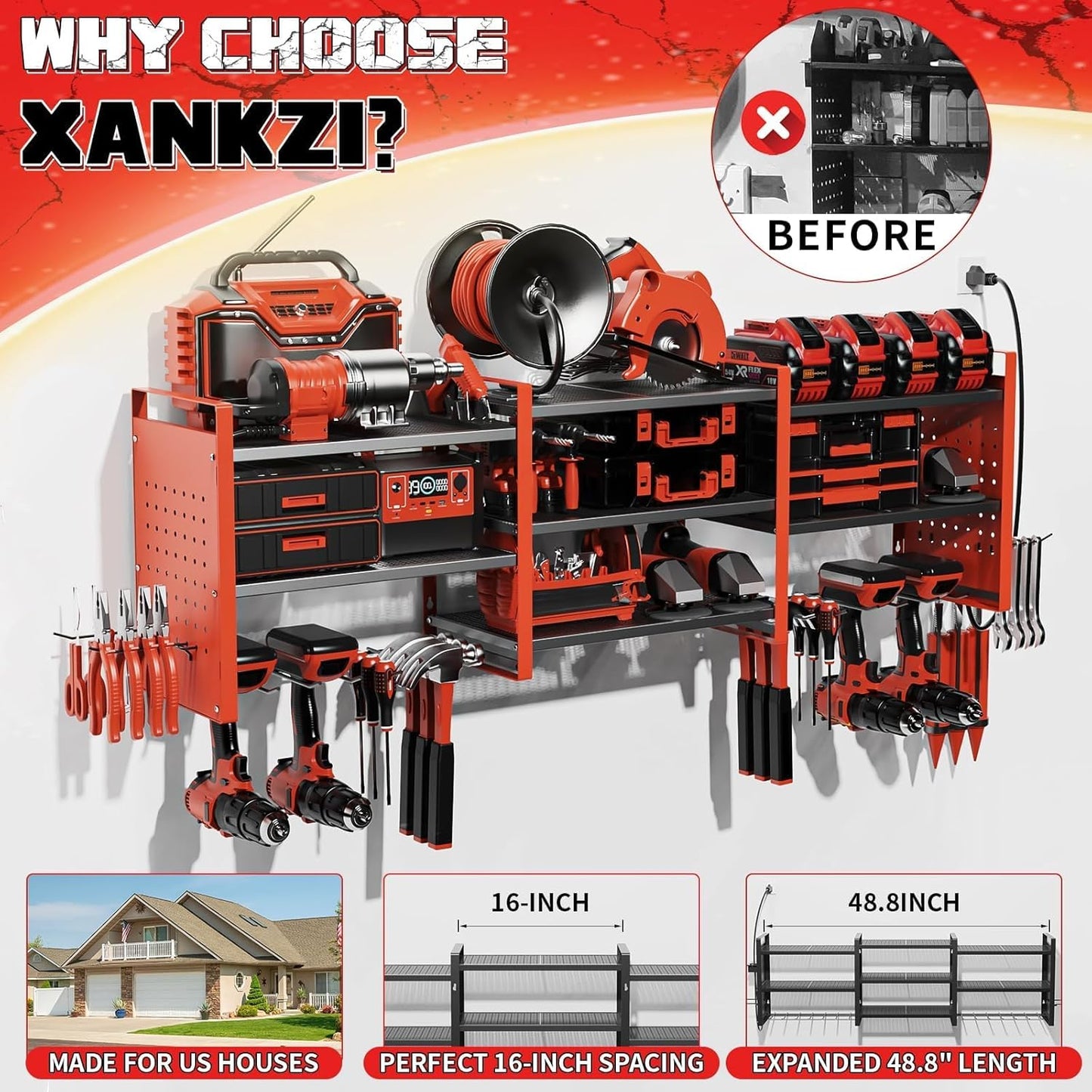 Power Tool Organizer with Charging Station Wall Mount, 3 Layer Expanded Heavy Duty Garage Organization, 48.8 Inch Length Garage Tool Storage, 4 Drill Slot, 16" Standard Hole, Red