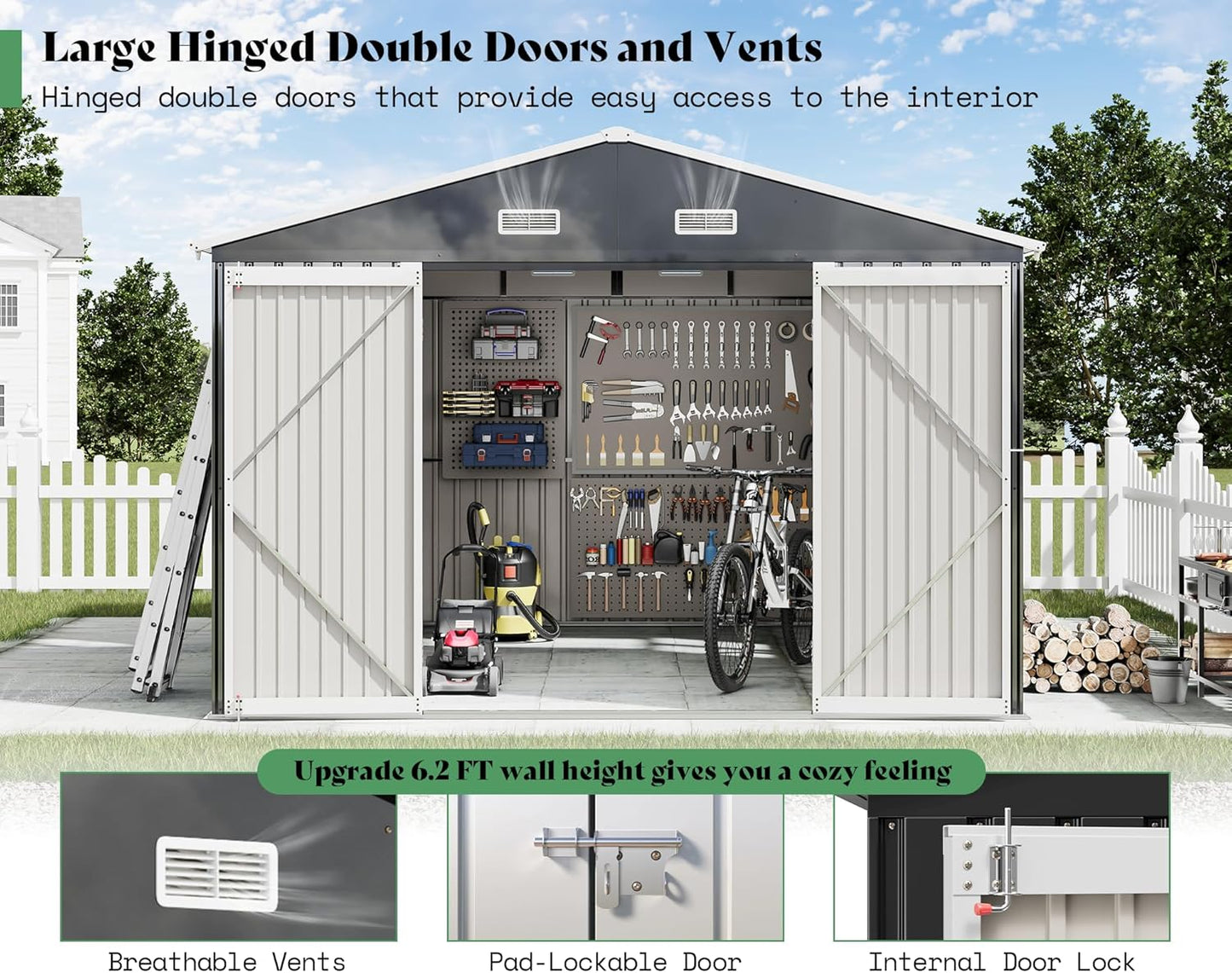 AMERLIFE 10x12x7 FT Galvanized Steel Storage Shed with Dual Transparent Panels, 2 4-Pane Windows & Hinged Double Doors, Outdoor Shed for Backyard, Garden, Patio, Dark Grey/White