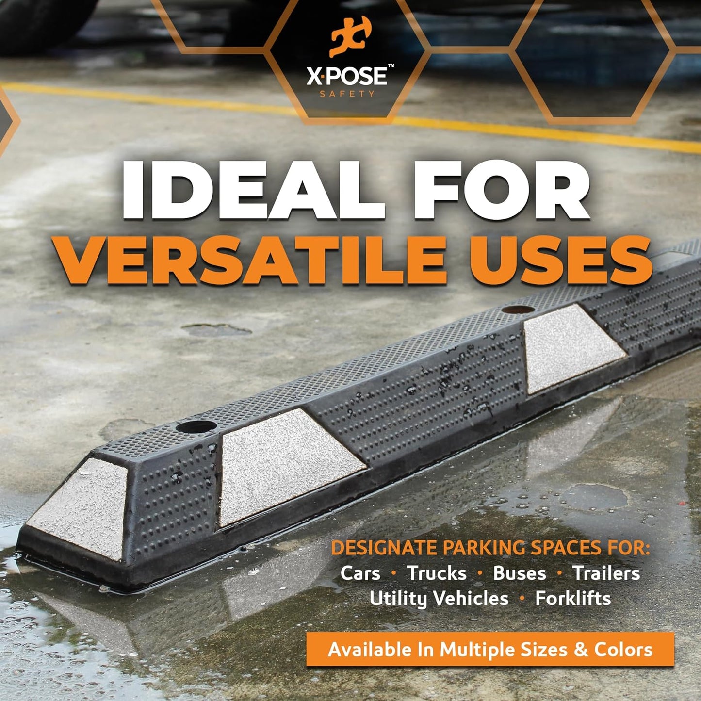 Xpose Safety 72" Heavy Duty Rubber Parking Stopper – 10 Pack Wheel Blocks for Garage, Driveway, or Ramp – Car Bumper Stop with White Reflective Strips – Removable Floor Mount