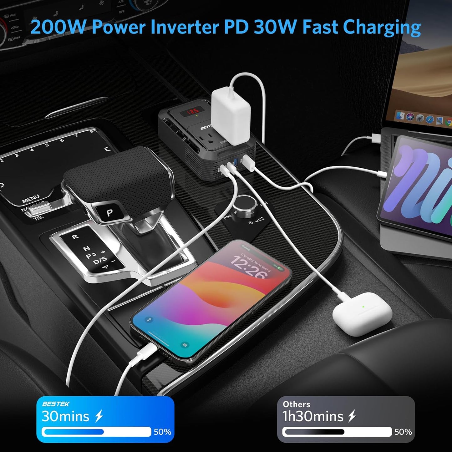 BESTEK 200W Car Power Inverter - DC 12V to 110V AC Converter with 2 USB-C(30W) and 2 USB-QC(18W) - Fast Car Charger Adapter with LCD Screen, Dual AC Adapter for Laptops (Black)