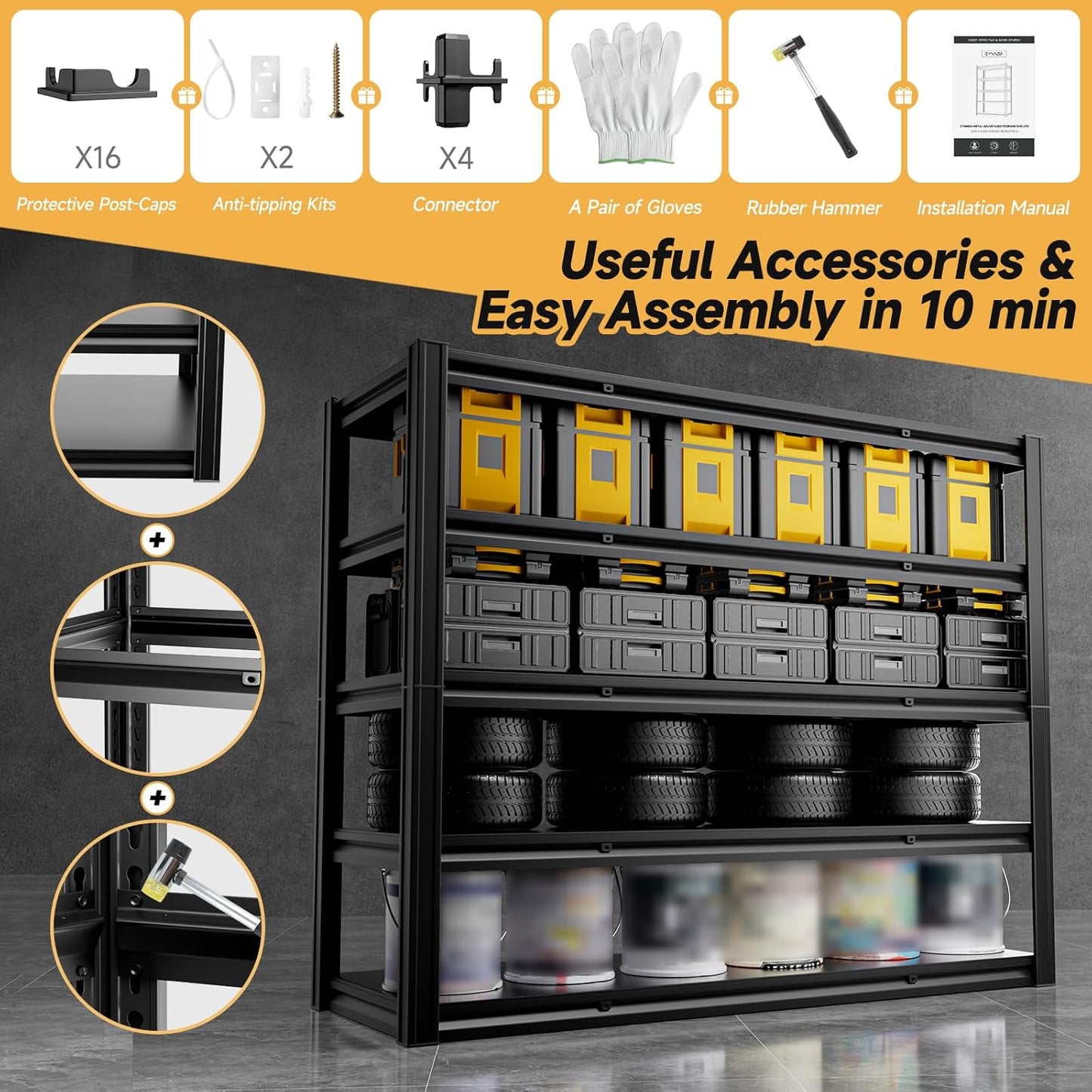 5-Tier 60" W x 20" D x 72" H Garage Shelving Metal Storage Rack 3000LBS Garage Shelving Heavy Duty Adjustable Storage Shelves Unit for Industrial Warehouse Basement Utility Shelf (Black)