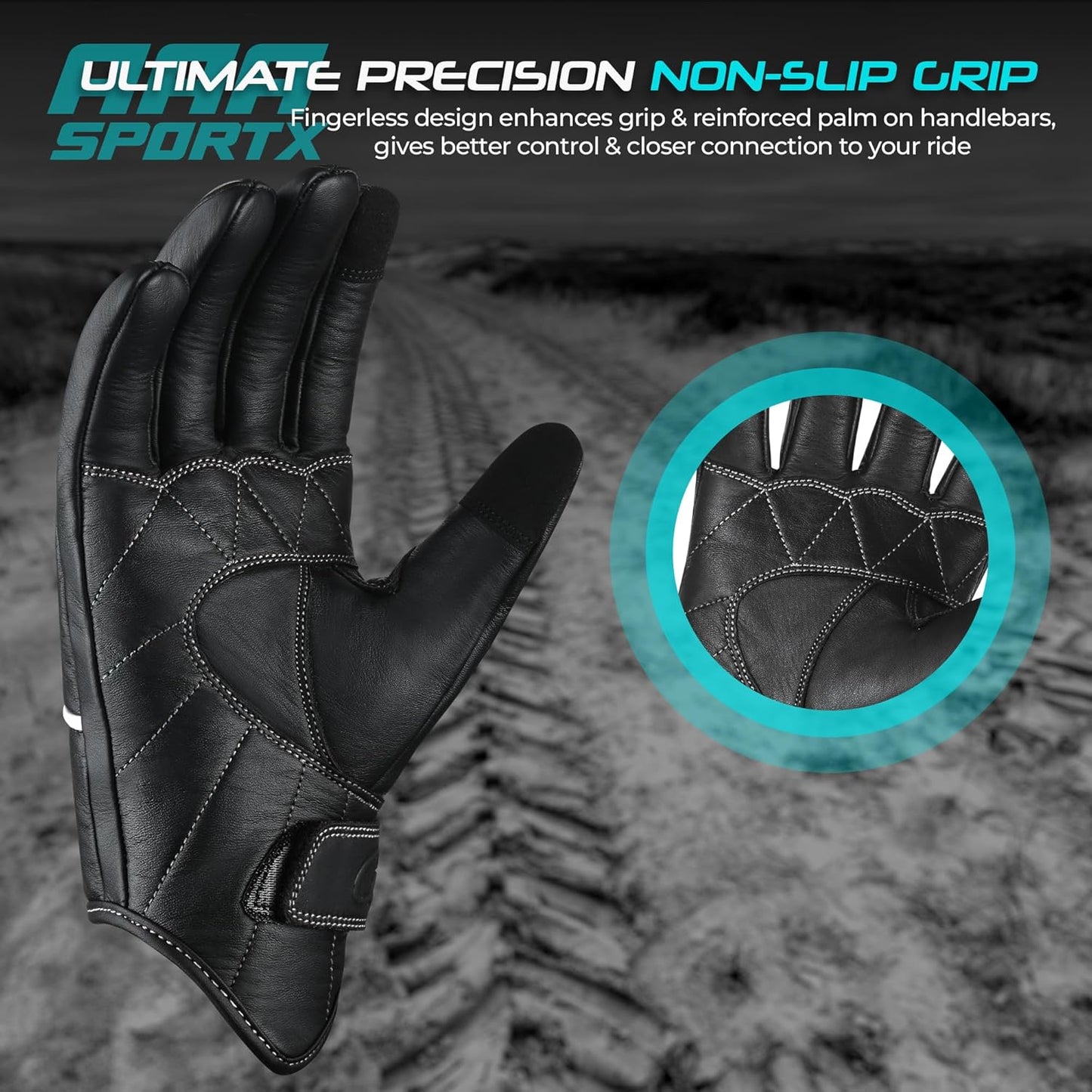 aasportx Motorcycle Gloves - Men's Leather Motorbike Gloves with Touchscreen Function - Non-Slip Pads for Men & Women