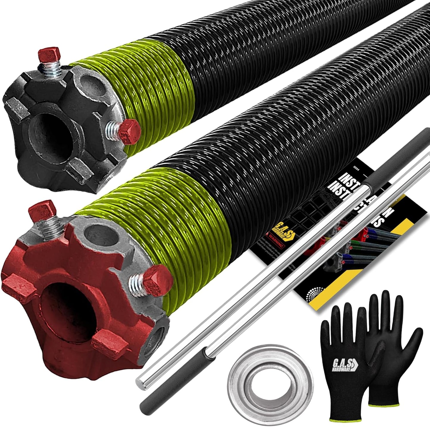 Garage Door Torsion Spring 207x1.75x24 Includes 1” Steel Bearing, Non-Slip Gloves, and Winding Bars for Left and Right Side of Garage Door Precision E-Coating 5-Year Warranty Min. 30,000 Cycles (Pair)