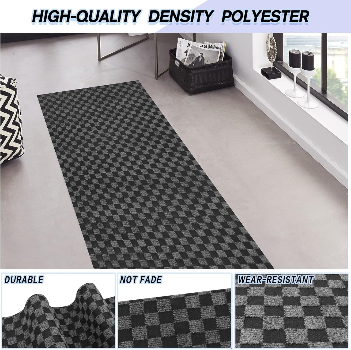 Custom Size Backed Non-Slip Area Rugs Runner, Easy Clean, Waterproof Runner Rugs for Hallway Entryway, Kitchen, Laundry, 3FT x 70FT, Gray Checkered
