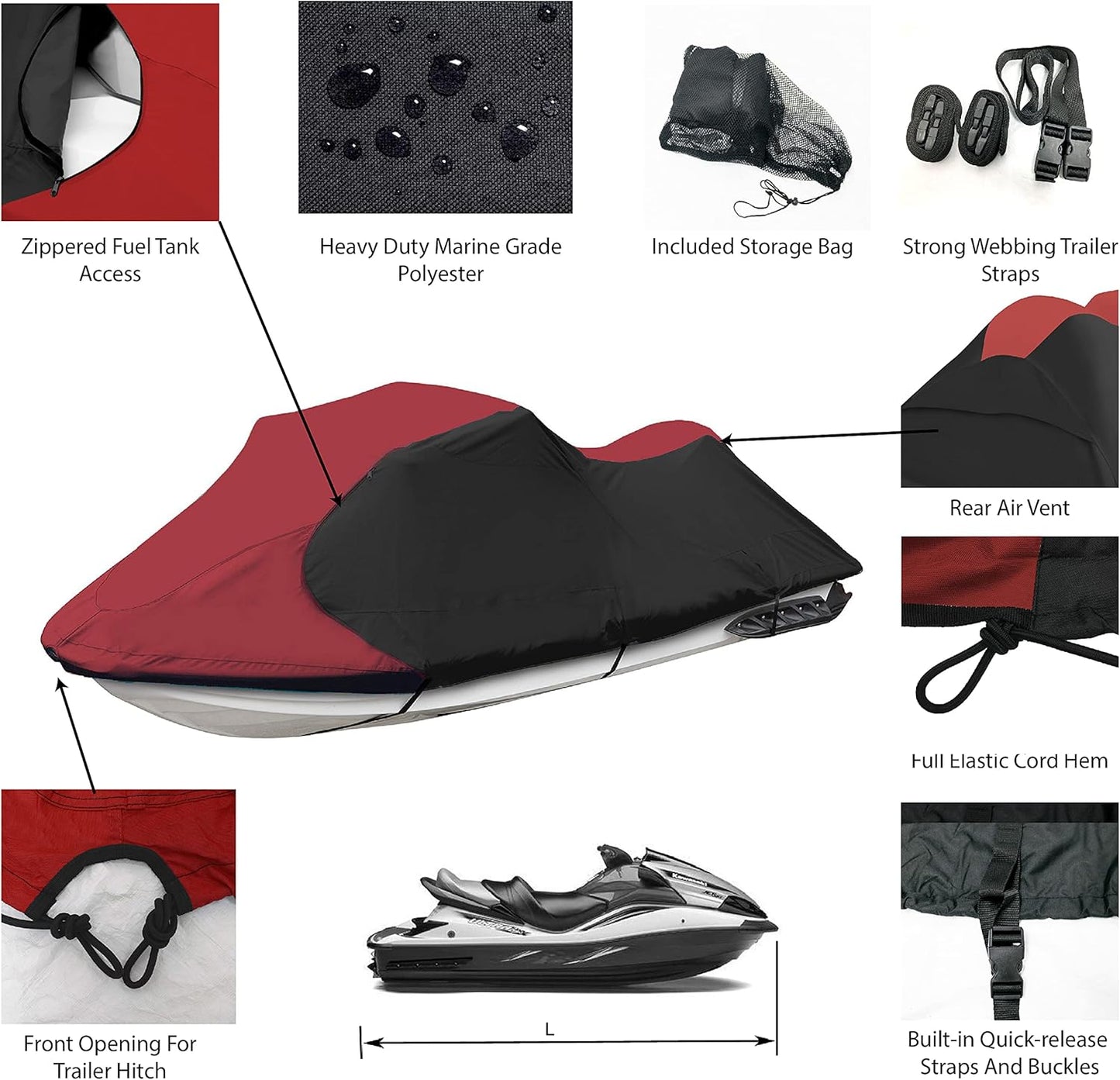 Trailerable Jet Ski Cover, Waterproof Marine Grade 600D Heavy Duty Polyester PWC Cover Burgundy/Black Fits from 96"-102" 1 Seater