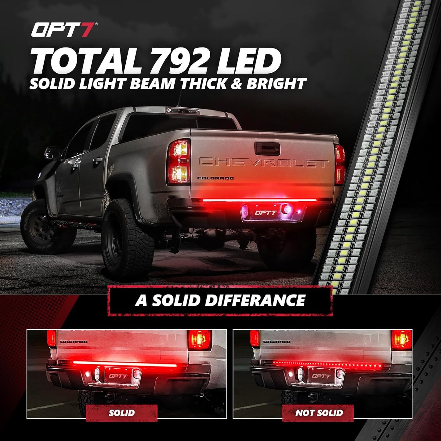OPT7 48" Redline Triple Row LED Tailgate Light Bar w/Sequential RED Turn Signal - Weatherproof Rigid Aluminum Frame Light Strip for Colorado Canyon Frontier - Full Functions Reverse Brake Running