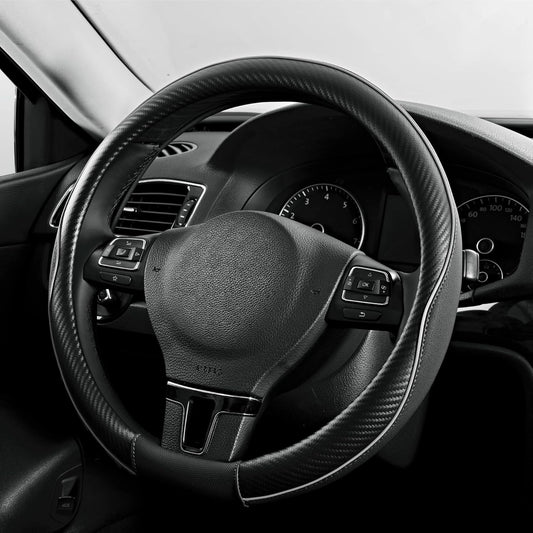 PIC AUTO Steering Wheel Cover, Gray Piping Leather, Sports Carbon Fiber and Super Breathable Leather, Universal 14.5-15.5 Inch Anti-Slip Steering Wheels Accessories for Men & Women