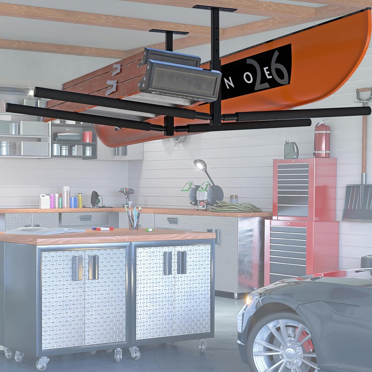 Double Kayak/Ladder Ceiling Storage Rack, Hi Port 2 Ladder Hanger Overhead Garage Kayak Ladder Rack, Holds 200 lbs, Adjustable Height Design, Black