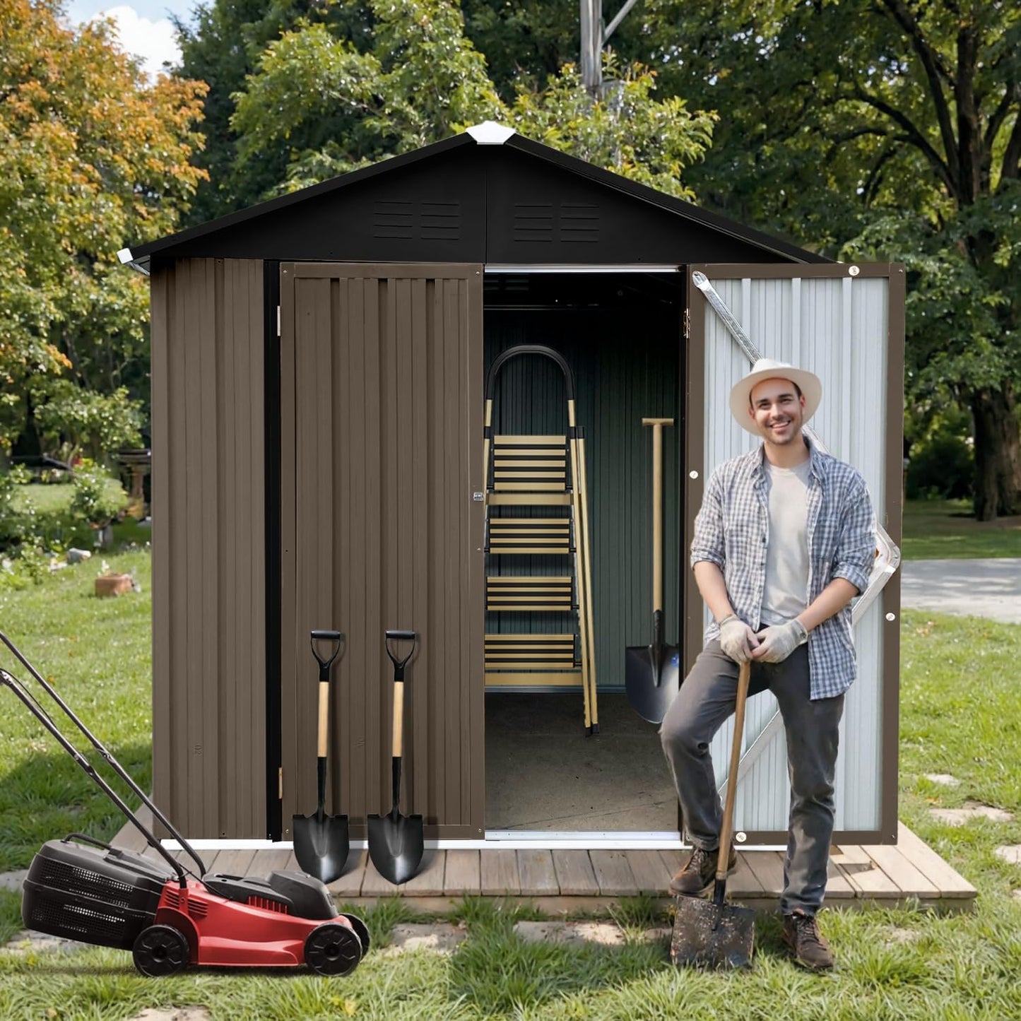 6' x 4' Outdoor Storage Shed, Sturdy Metal Building w/Lockable Doors for Garden, Backyard, Poolside and Lawn, Brown