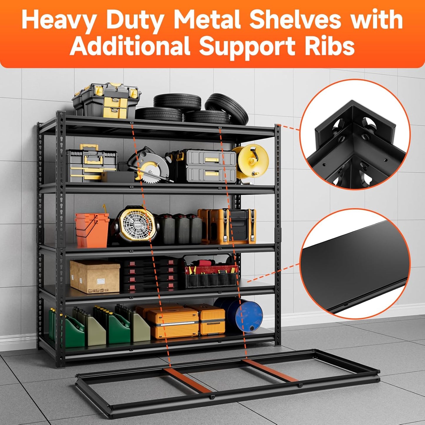 5 Tier 60”D X 24”W X 78”H Garage Shelves Heavy Duty 3000LBS Adjustable Metal Storage Shelves for Garages Shops and Basements (Black)