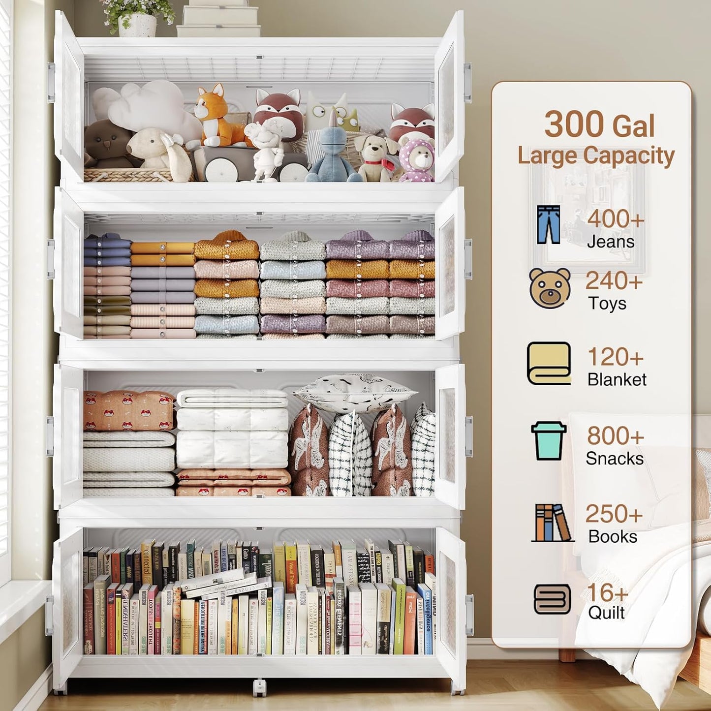 300 Qt Stackable Storage Bin with Lid, 75Gal Extra Large Collapsible Storage Boxes, Folding Plastic Drawer, Heavy-Duty Store Cabinet, Closet Organizer for Home Kitchen, 1 Pack White