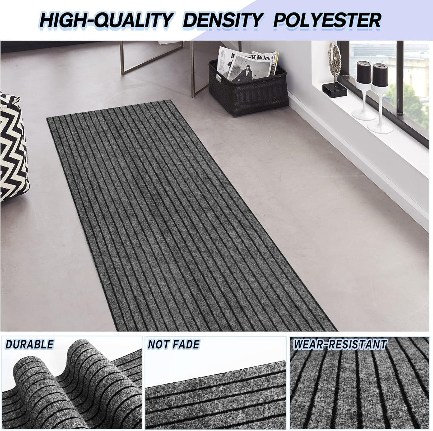 Custom Size Backed Non-Slip Area Rugs Runner, Easy Clean, Waterproof Runner Rugs for Hallway Entryway, Kitchen, Laundry, 4FT x 14FT, Gray Stripe