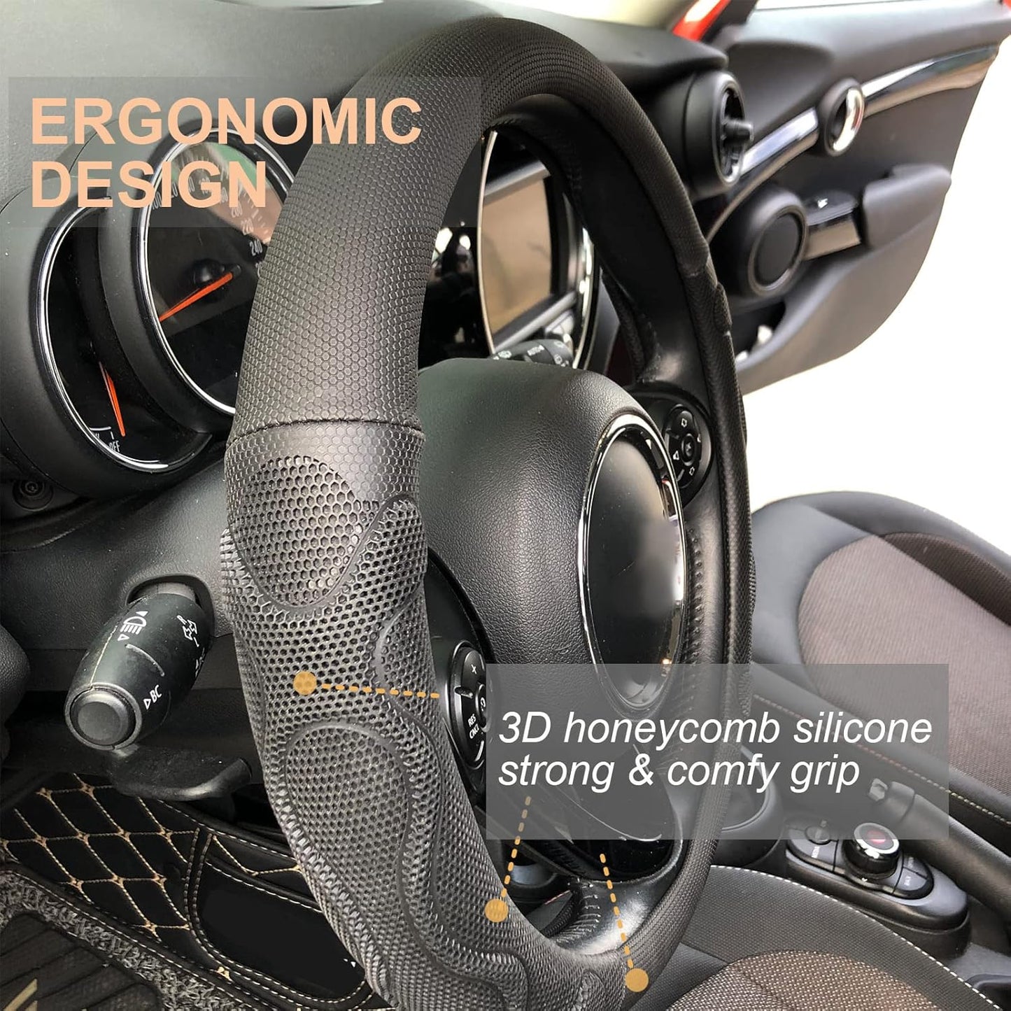 PINCTROT Large Size Comfy Grip Steering Wheel Cover, Anti-Slip Design, 15.5-15.75 Inch(Silicone Black)