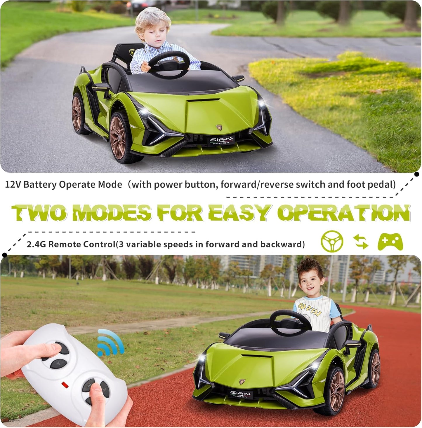 TOBBI Electric Ride On Car Toy for Kids to Drive, 12V Battery Powered Licensed Lamborghini SIAN with Parent Remote Control for Toddlers 3-6 Years w/Functions Spring Suspension/Horn/LED Lights-Green