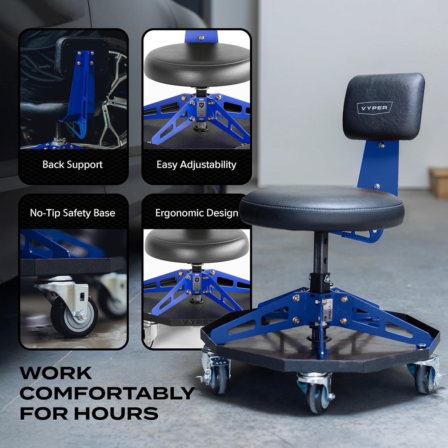Vyper Robust Steel Sport Shop Chair for Mechanics, Automotive, DIY - 300 lb Capacity Garage Stool with Backrest & Large Wheels (Black Seat, Blue Frame)