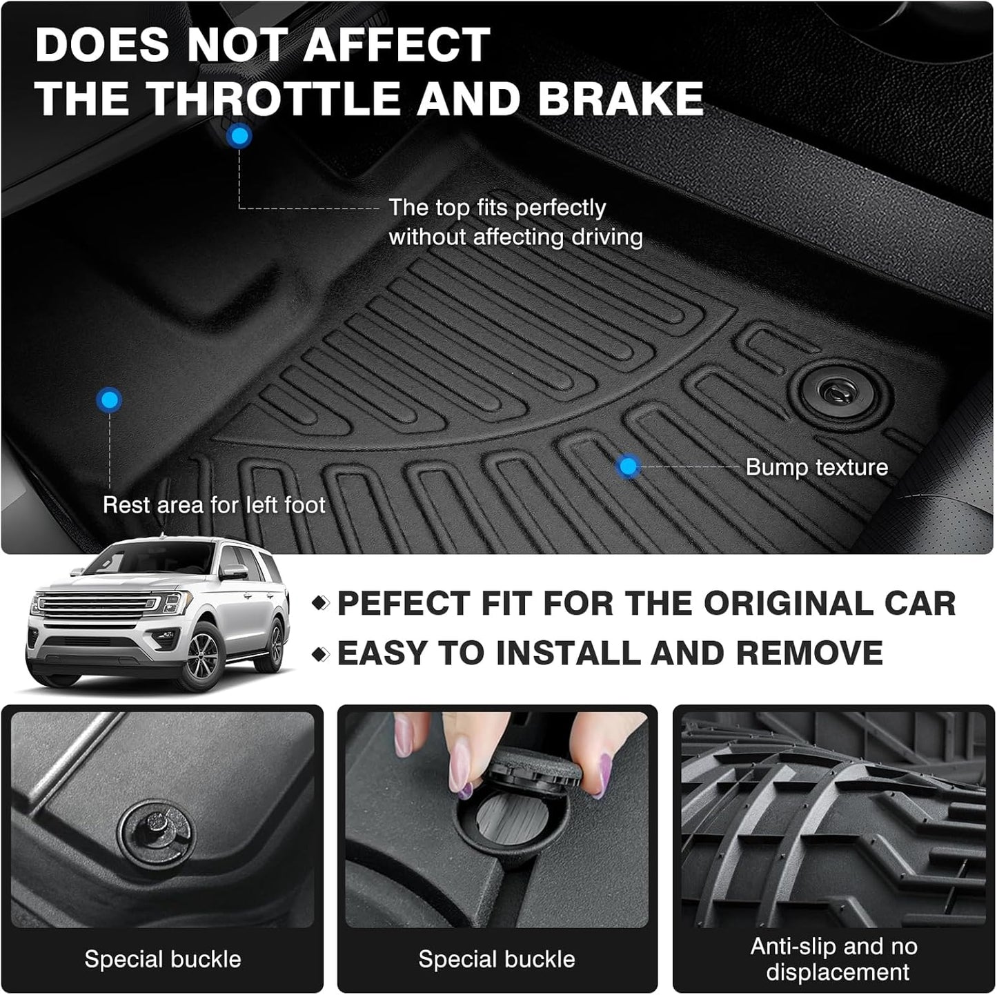 Powerty Floor Mats for 2018-2024 Ford Expedition with 2nd Row Bucket Seats Accessories All Weather Floor Liner 3D TPE 1st & 2nd Row Floor Mat Heavy-Duty Floor Liners