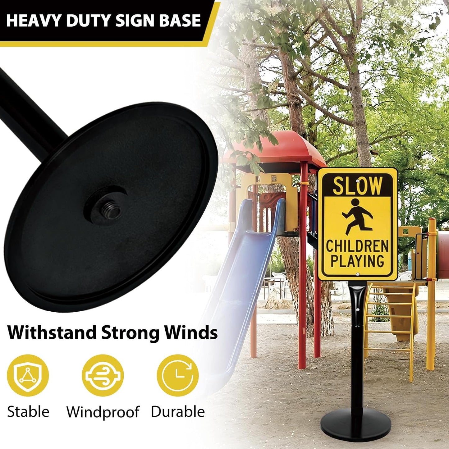 Parking Sign Stand with Base - 15 Lbs Cast Iron Parking Sign Post for Hanging Traffic Construction Street Warning Notice, Movable Black Heavy Duty Base Stand for Outdoor Use, 2 Pack