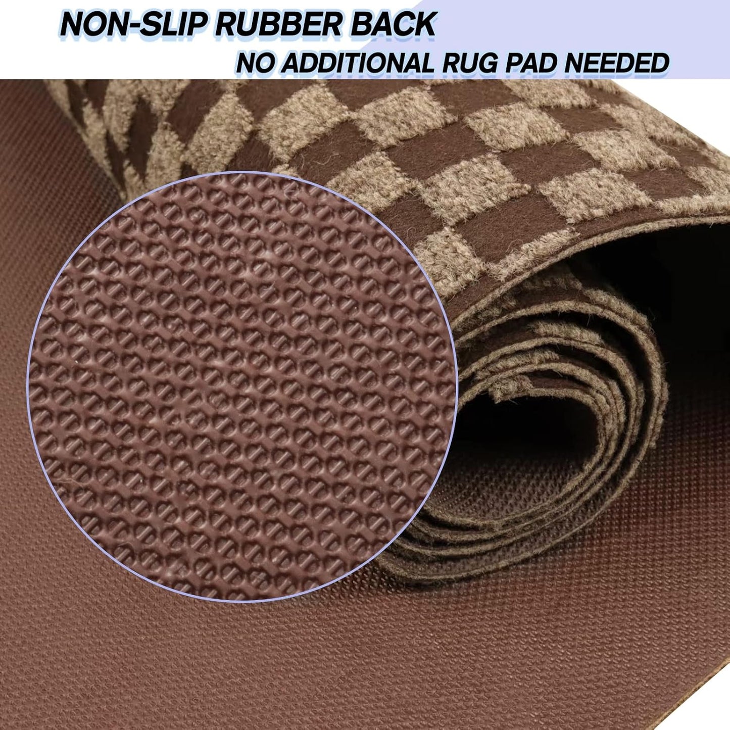 Custom Size Backed Non-Slip Area Rugs Runner, Easy Clean, Waterproof Runner Rugs for Hallway Entryway, Kitchen, Laundry, 2FT x 68FT, Brown Checkered