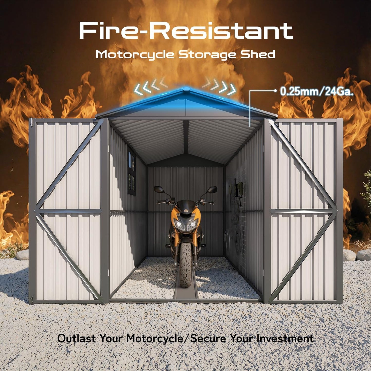 5’ x 10’ Motorcycle Storage Sheds, Metal Shelter & Garage with Windows and Lockable Door Handle, Heavy Duty Vehicle Shed for All Weather, Track System Included, Anthracite