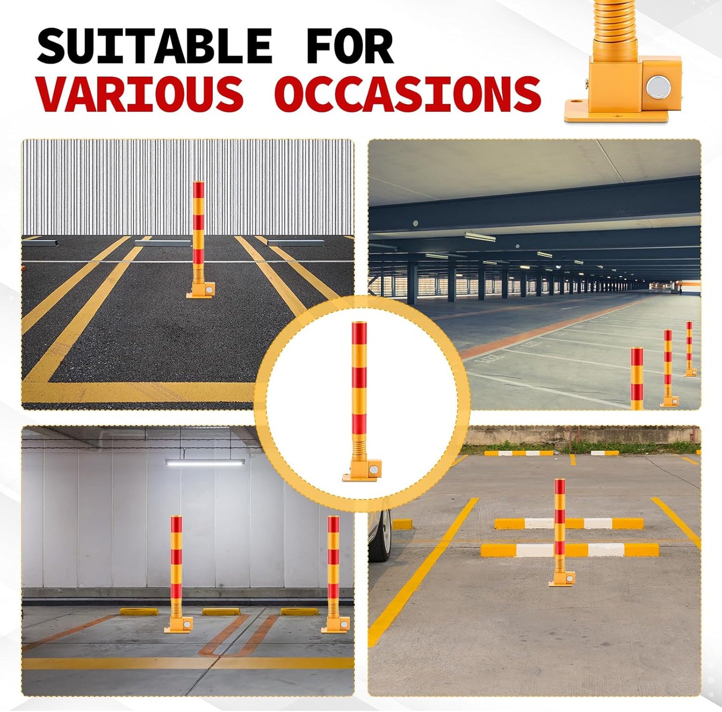 Zonon 1 Pcs Spring Parking Post Folding Heavy Metal Parking Barrier Lock Obstacle Pile with Warning Stripes Interceptor Bollard for Traffic-Sensitive Area Garage