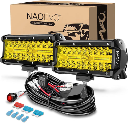 NAOEVO 7 Inch Yellow LED Light Bar, 240W 24,000LM Offroad Fog/Driving Lights LED Pods with 2 Leads Wiring Harness Kit, Spot & Flood Work for Truck Boat UTV ATV, 2-Pack (Yellow)