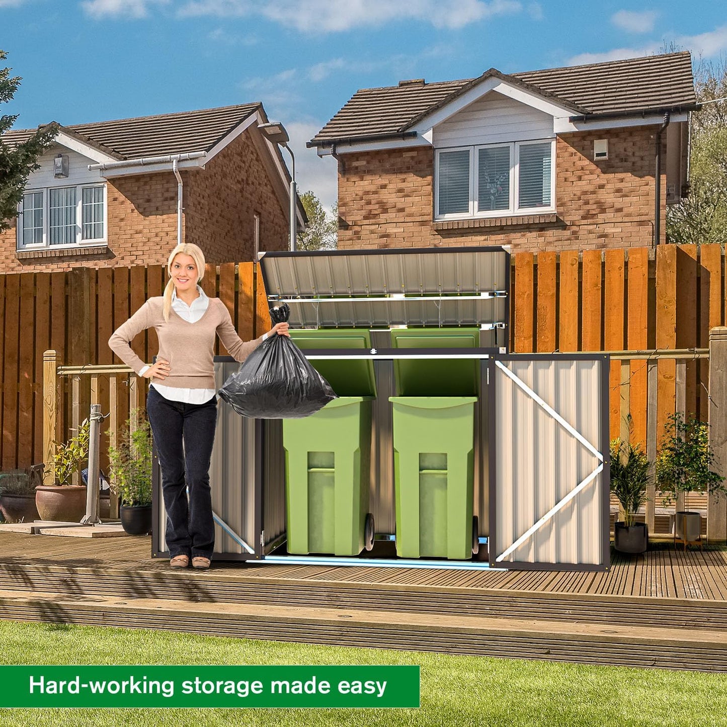 AECOJOY Outdoor Trash Can Storage, 46 Cu.Ft Outdoor Garbage Can Storage Shed, Horizontal Storage Cabinet Waterproof, Bicycle Sheds & Outdoor Storage Clearance in Brown