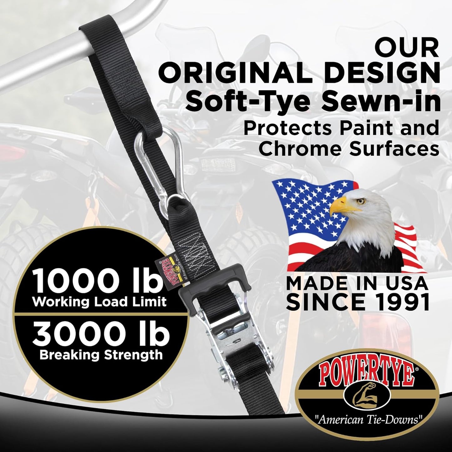 PowerTye - Made in USA - Heavy Duty Ratchet Tie Down Straps with Carabiner Hooks & Sewn-in Soft-Tye, for Motorcycle, ATV, Trailer & Cargo, 1,000 lb WLL, 1.5 inch x 6.5ft Long, Yellow/Black (Pair)