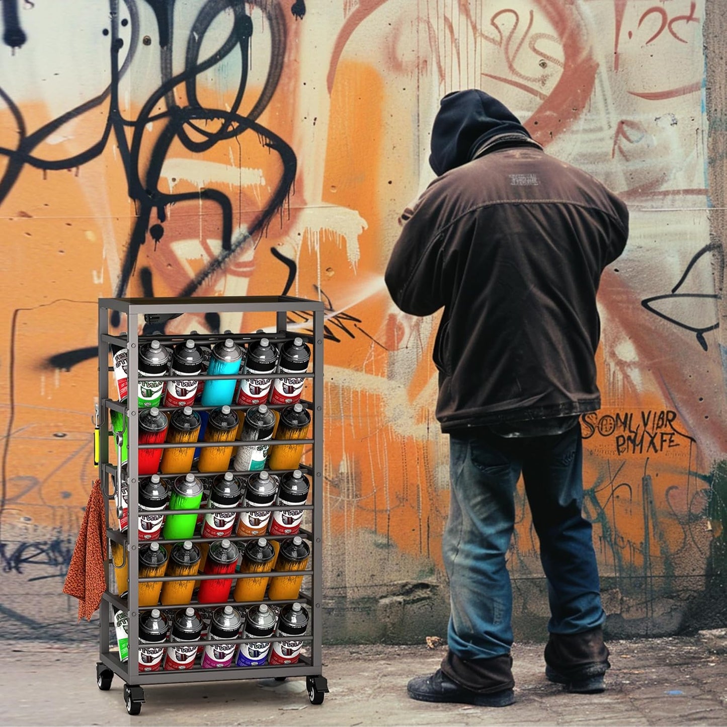 50 Can Spray Paint Rack Organizer, Metal Spray Paint Can Storage Holder, Rolling Aerosol Can Cart with Storage Shelf, for Garage, Craft Workrooms