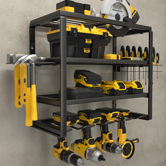 YYR 4 Layer Power Tool Organizer Wall Mount, Cordless Drill Hanger Storage Rack, Battery Tools Holder with Charging Station Shelf for Garage Organization, Workshop, Pegboard, Shed - 16 Inch 4 Slots