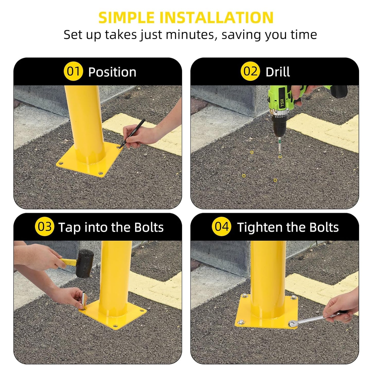 Safety Bollard 4 Packs, 48 Inch Height Steel Bollard Post for Parking Lot, 4.5 Inch Diameter Pipe, Yellow Safety Bollard Post with 8 Anchor Bolts, Ideal for Traffic-Sensitive Areas, Driveway Barrier