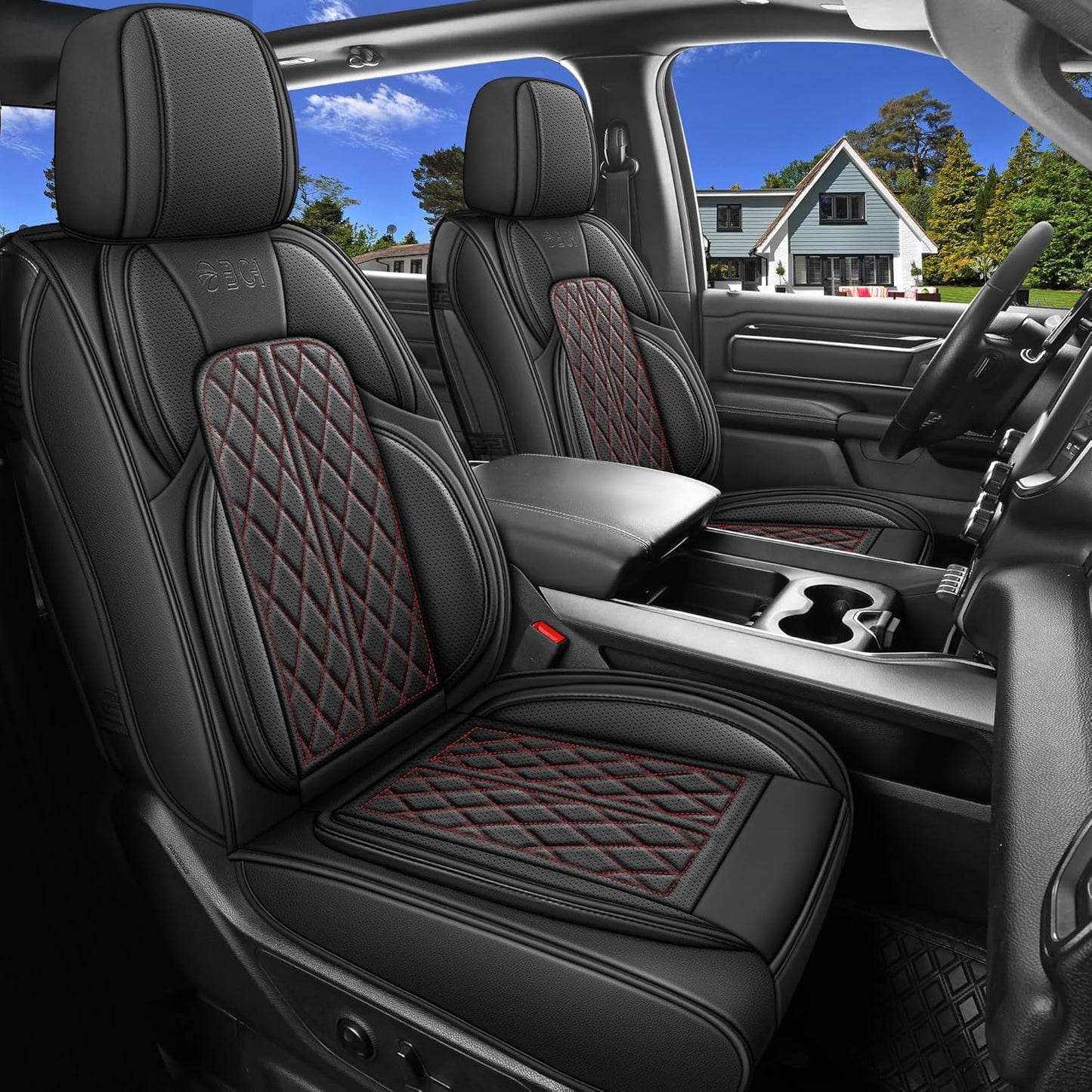 Car Seat Cover Custom Fit for Dodge Ram 1500 2500 3500 2002-2024 Faux Leather Seat Cover Set Compatible with Crew Quad Regular Cab Pickup Truck Cushions (Black Redline, Full Set, Flat Rear)