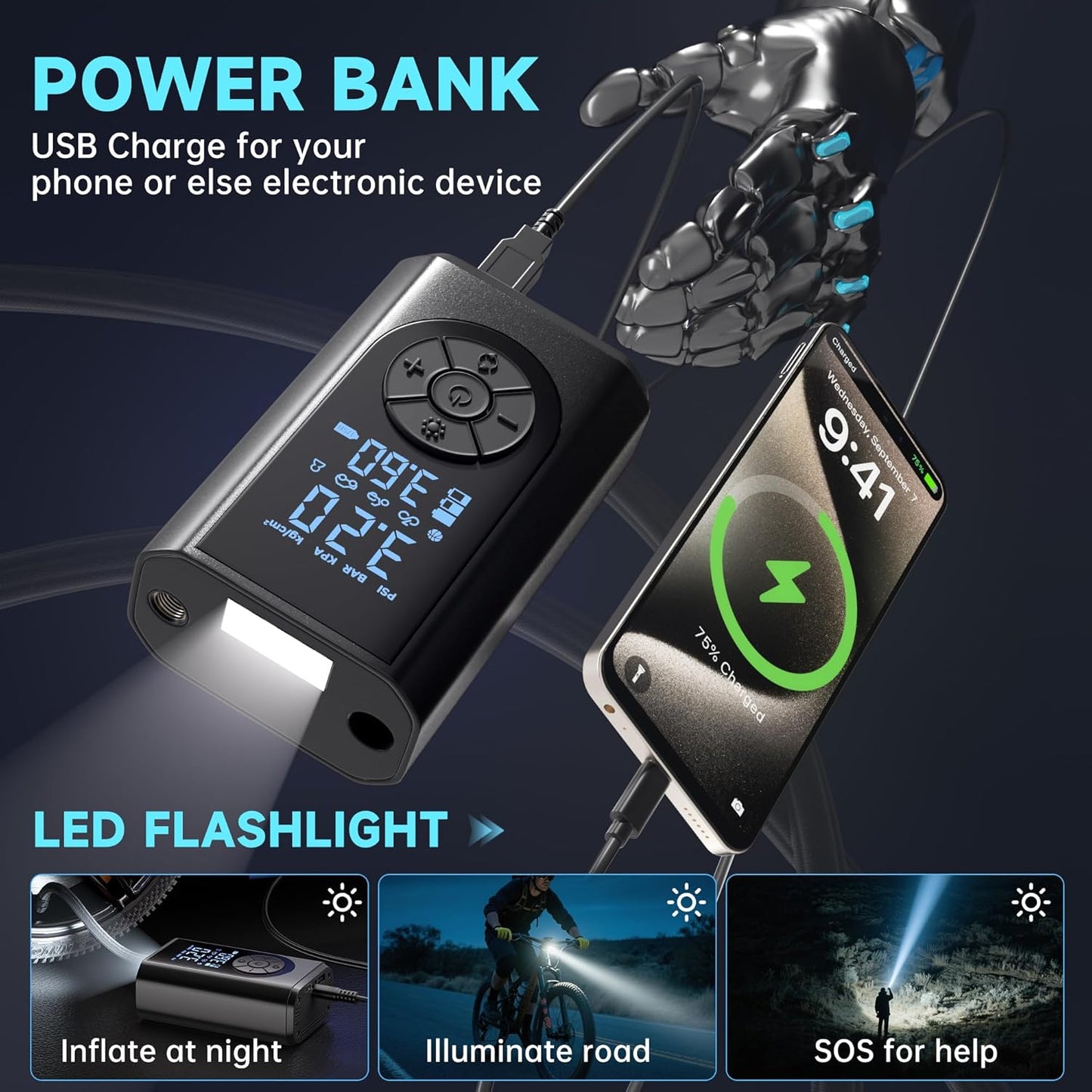 Tire Inflator Portable Air Compressor, 150 PSI Air Pump for Car Tires with Digital Pressure Gauge, LED Light and Auto Shut-Off Function, Portable Air Inflator for Car/Motorcycle/Bike/Balls and More