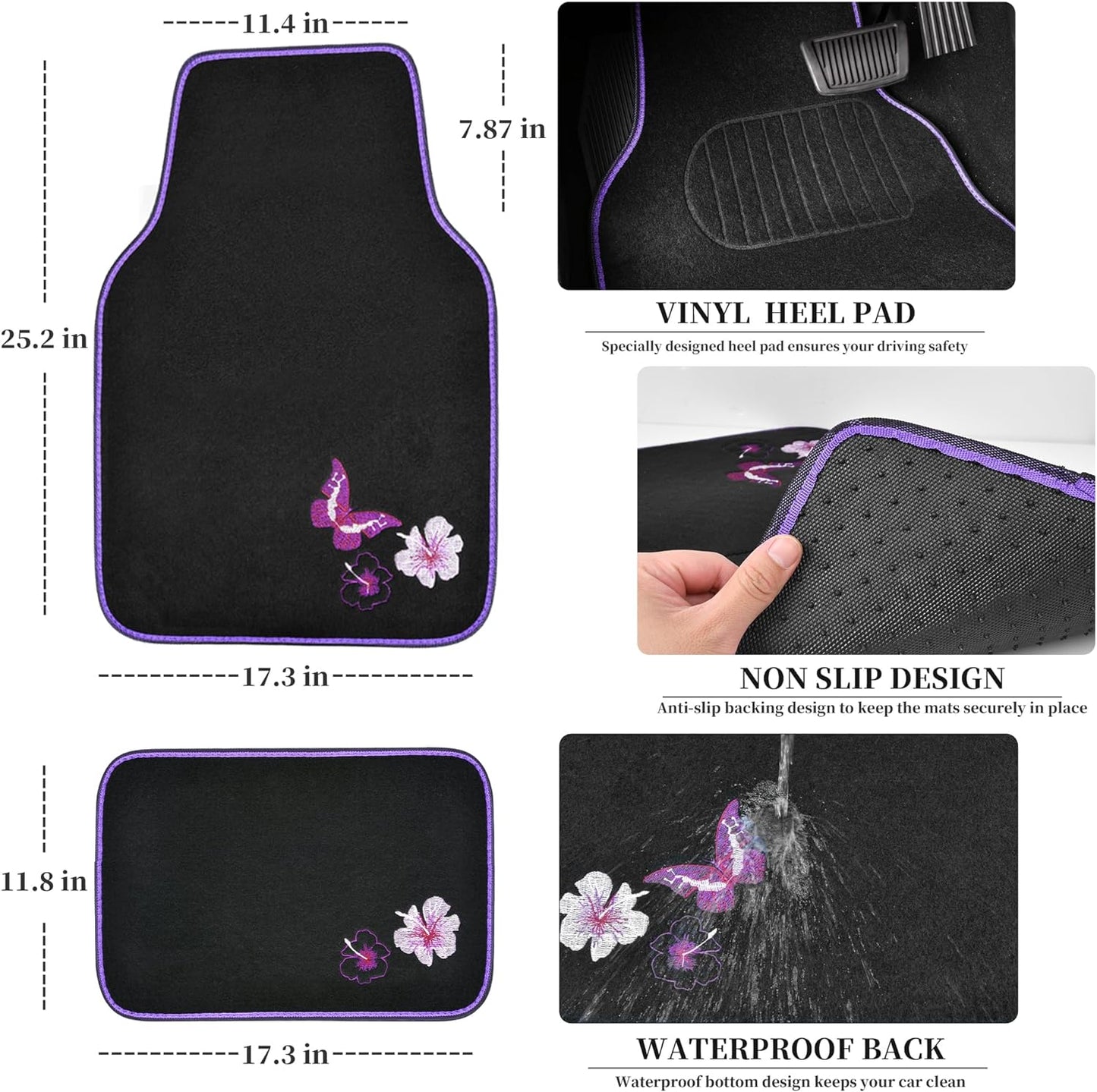 CAR PASS Universal Butterfly Car Seat Covers Front Set, Embroidered Flower Waterproof Car Floor Mats Carpet, Butterflies Steering Wheel Cover for Car Accessories Interior Sets (Black and Purple)