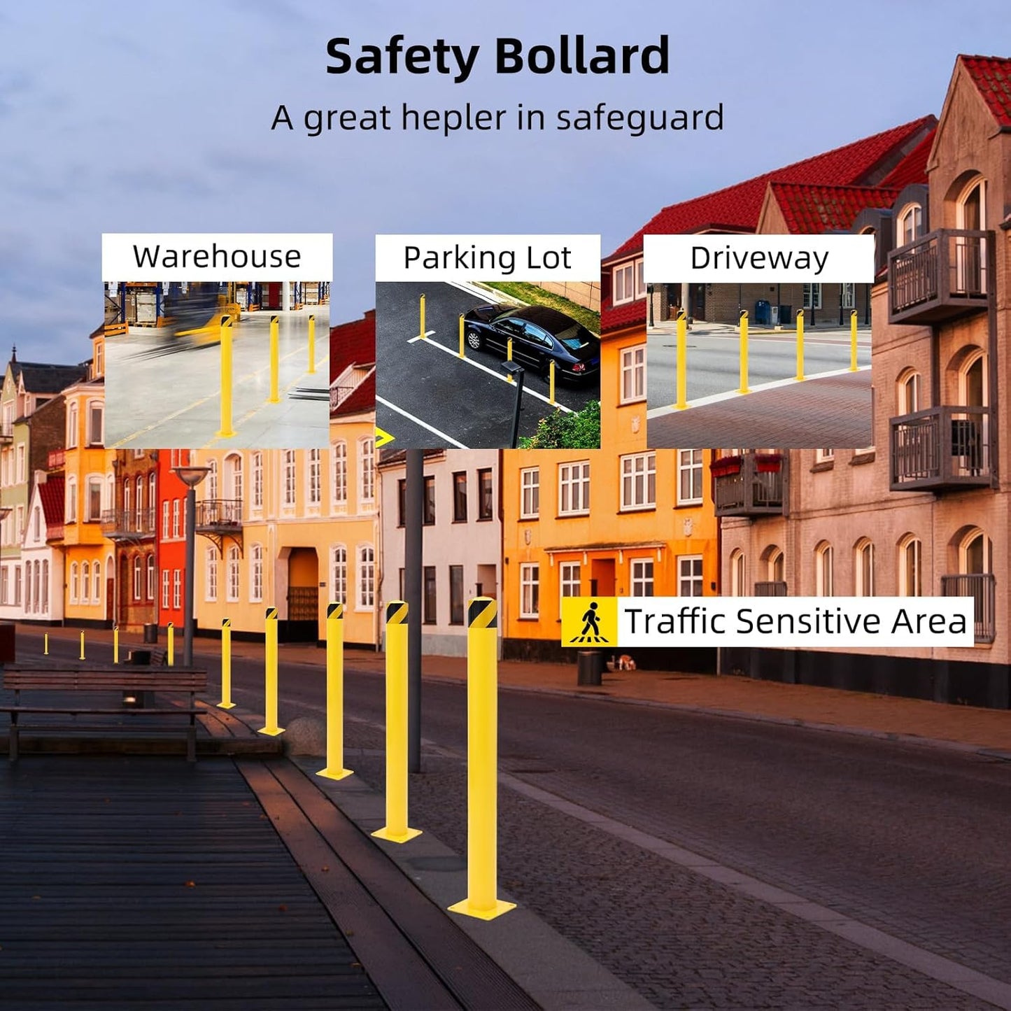 Safety Bollard 4 Packs, 42 Inch Height Steel Post, 4.5 Inch Diameter Parking Bollard, Yellow Safety Bollard Post with 16 Anchor Bolts, Ideal for Ideal for Parking Warehouse Park Traffic Area