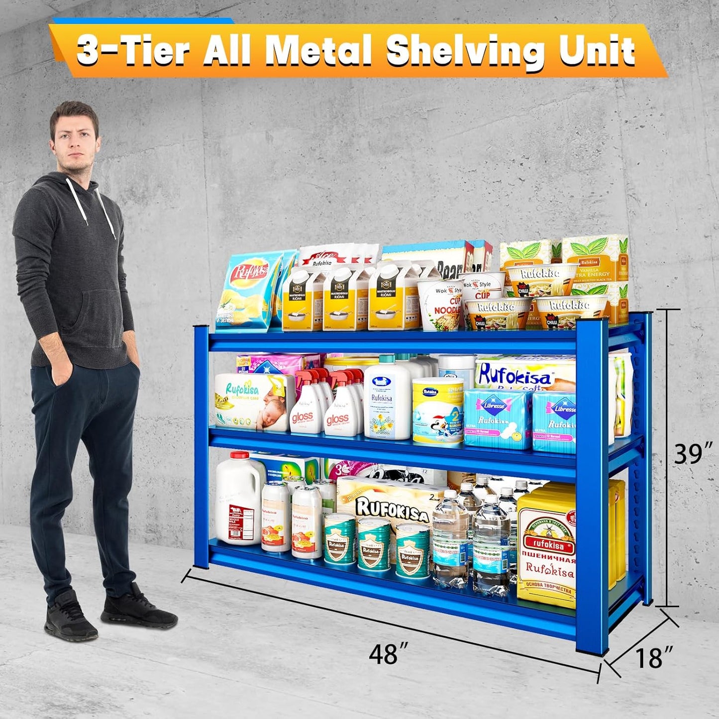 3-Tier Garage Shelving Heavy Duty，48" W Metal Shelving Unit for Garage, 1650 lbs Load Capacity Utility Rack Shelves＆ Garage Shelves, 48”W x 18”D x 39”H(Blue