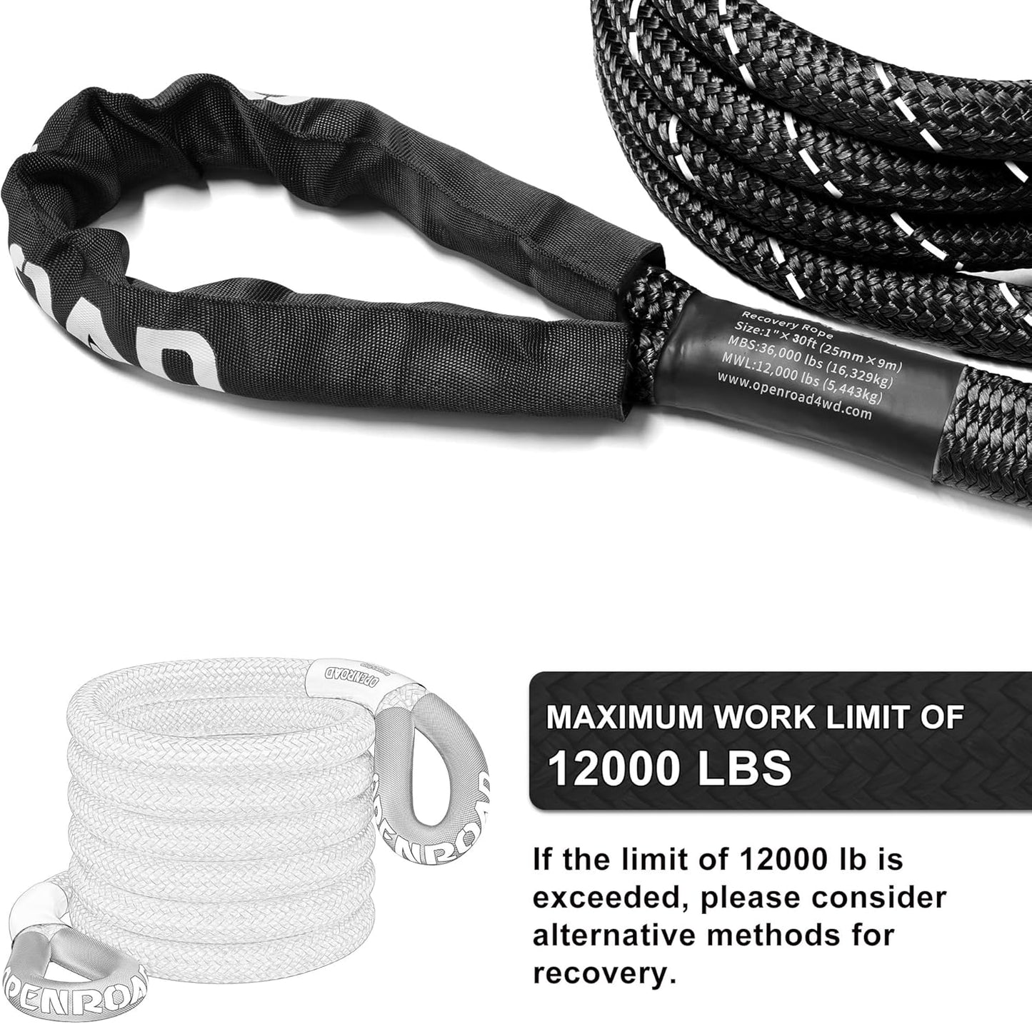 OPENROAD Kinetic Recovery Tow Rope, 36000 Lbs (1in x 30ft with Soft Shackle) Extreme Duty 35% Elasticity Energy Offroad Snatch Strap, Vehicle Recovery Kit for Jeep Car Truck ATV UTV SUV