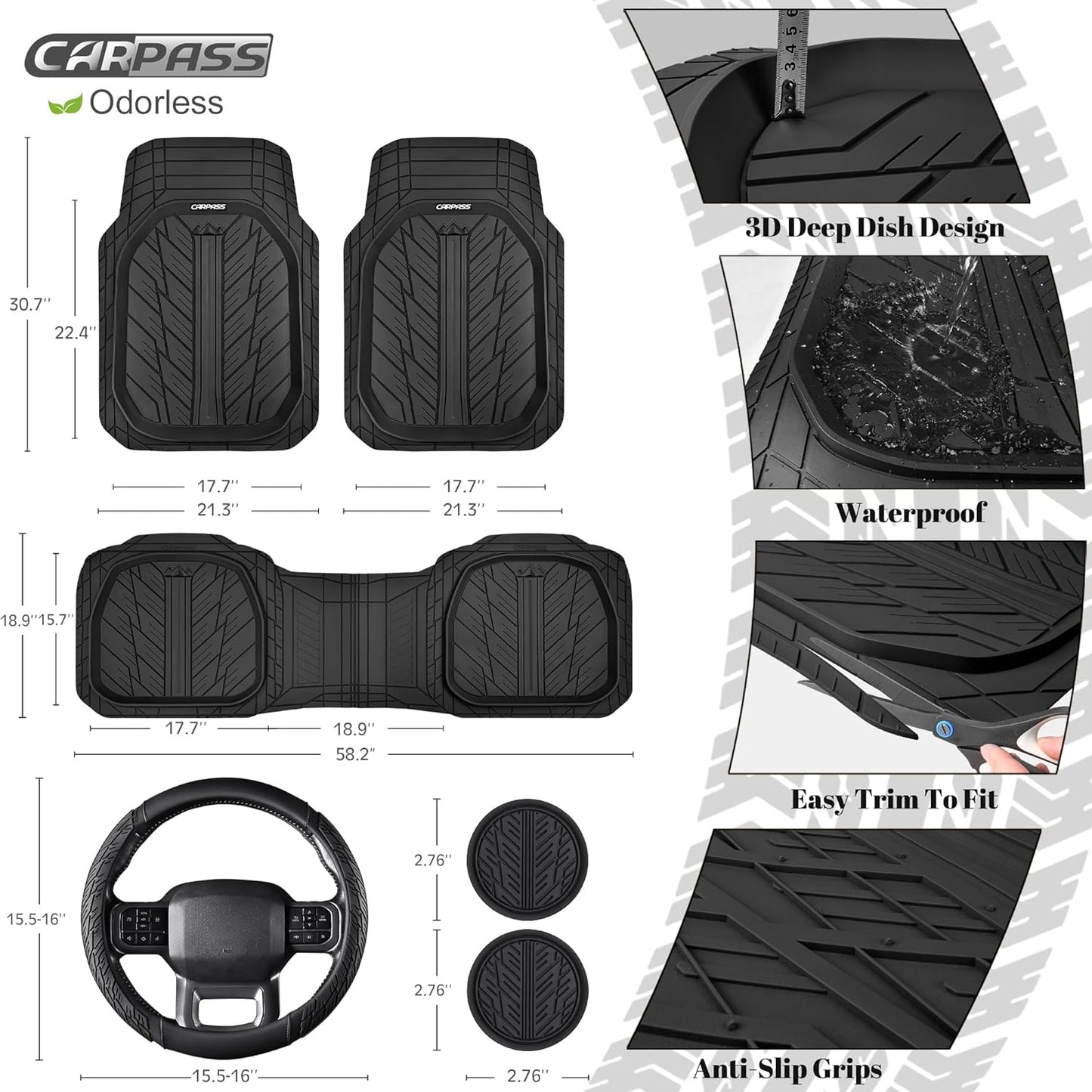 CAR PASS Rubber Leather Steering Wheel Cover Large-Size 15.5-16 Inches Fit for Truck SUV Large Car Ram F150 Tundra 4Runner Tacoma, XXL Heavy Duty Deep-Dish Car Floor Mats, Trim-to-Fit Car Mat Black