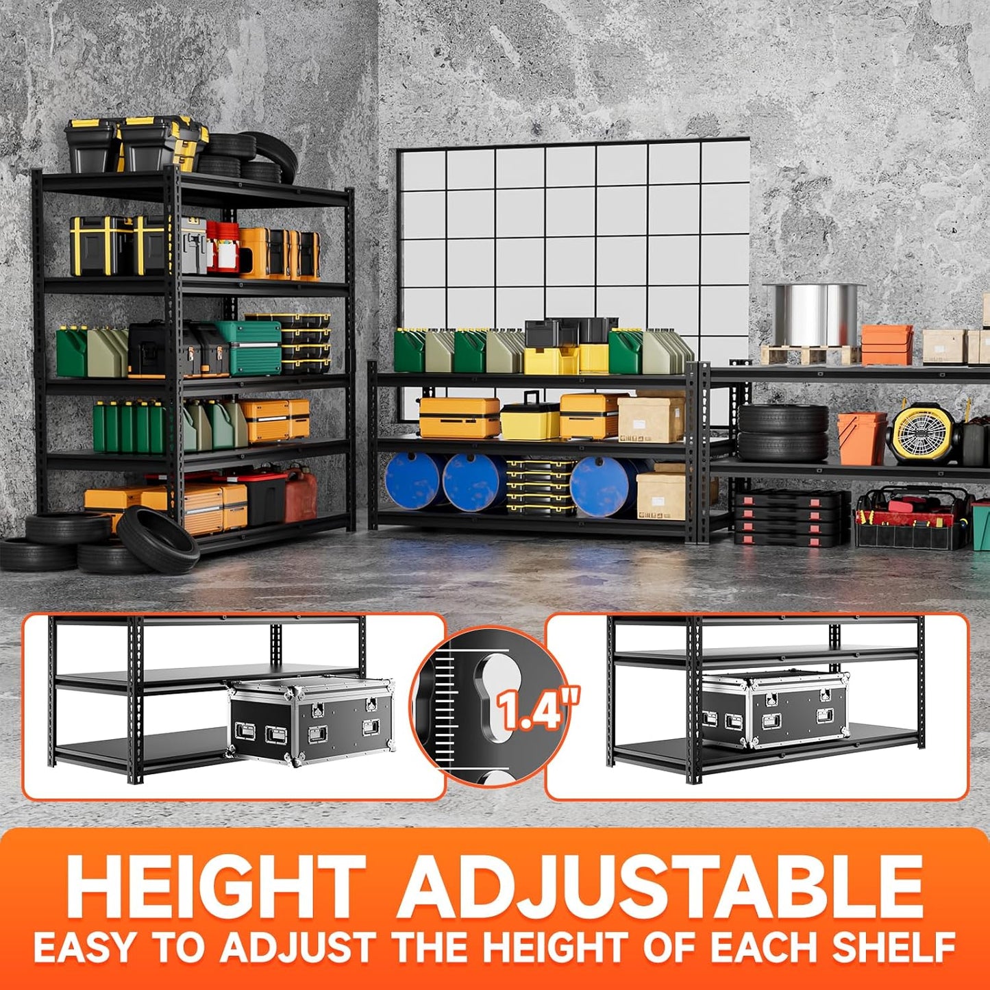 5 Tier 60”D X 24”W X 78”H Garage Shelves Heavy Duty 3000LBS Adjustable Metal Storage Shelves for Garages Shops and Basements (Black)