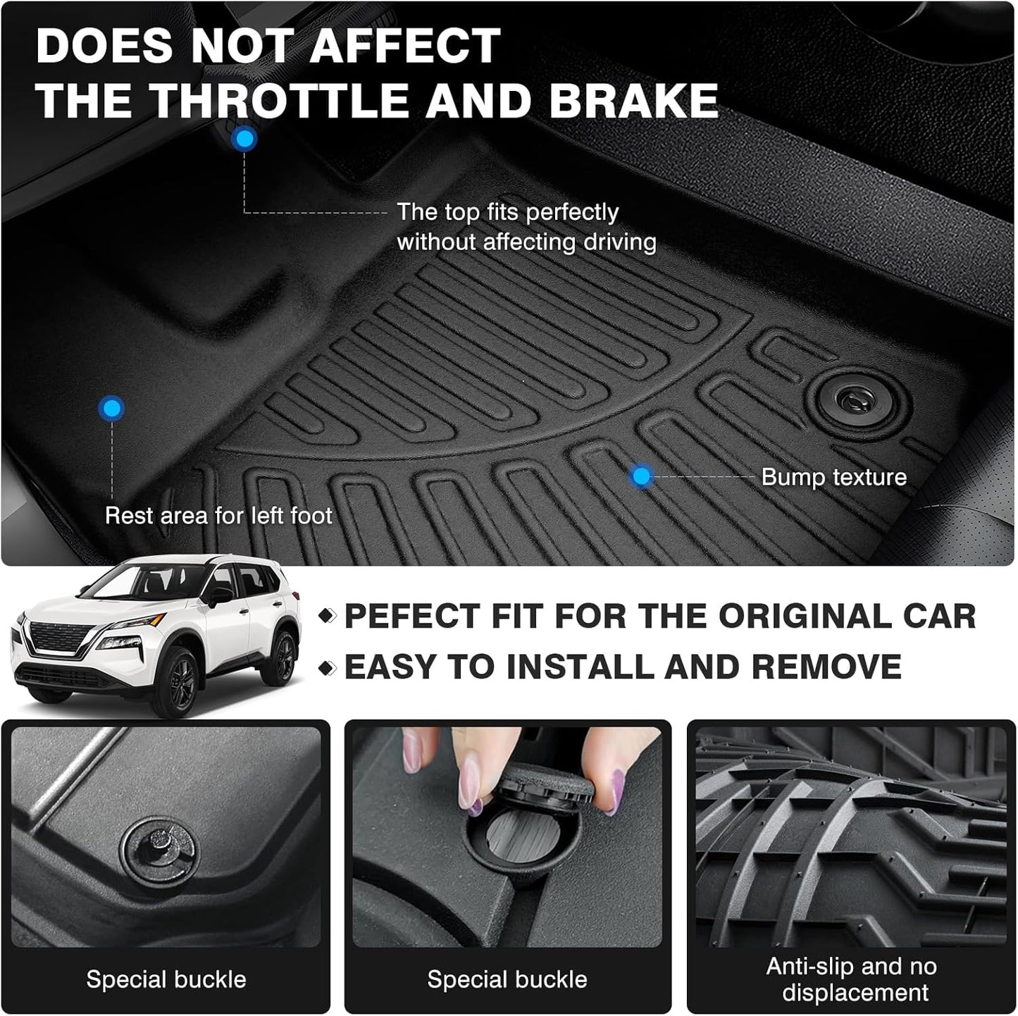 Powerty Floor Mats for 2021-2023 2024 2025 Nissan Rogue Accessories All Weather Floor Liner 3D TPE 1st & 2nd Row Floor Mat Heavy-Duty Floor Liners (NOT for Rogue Sport)