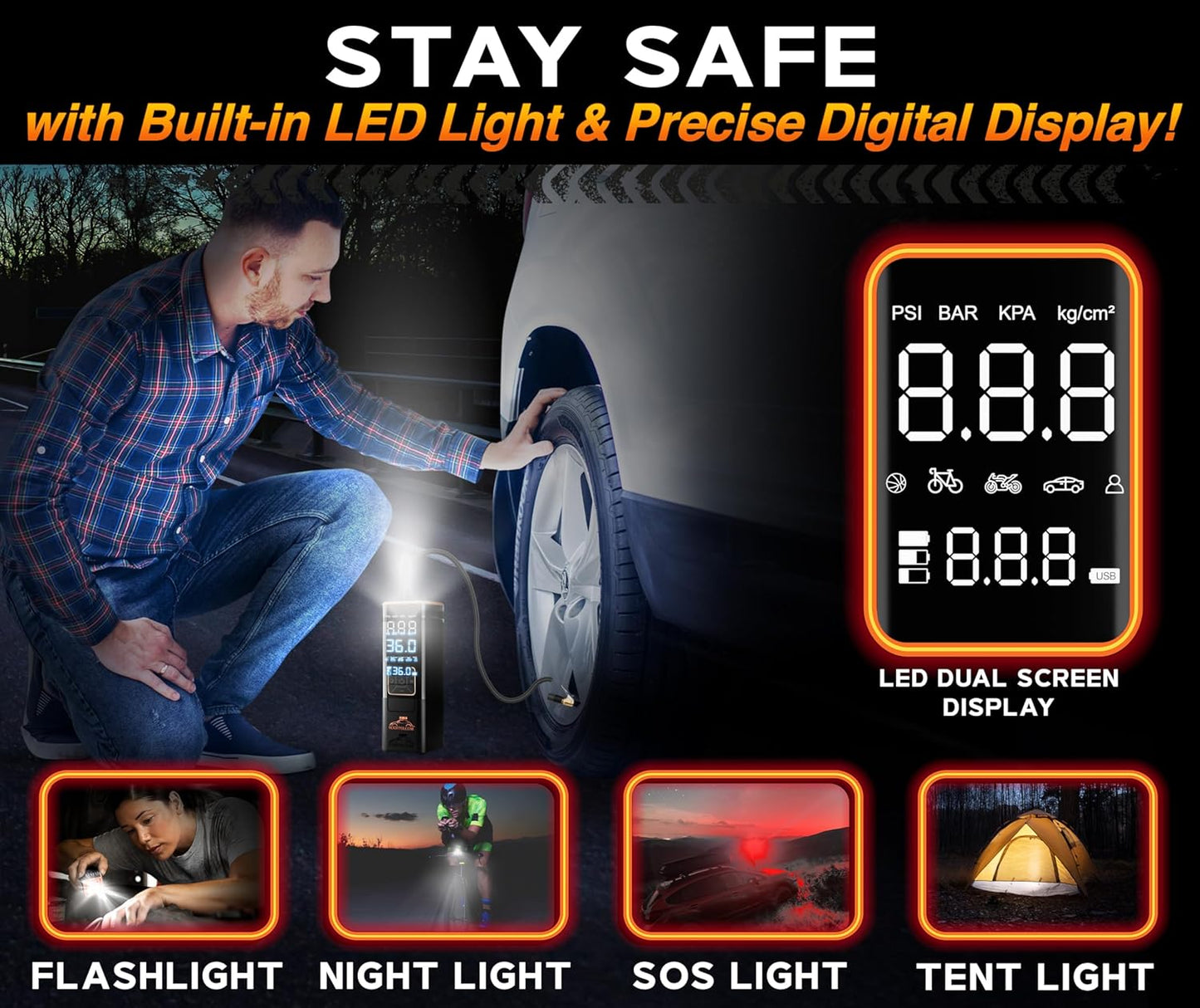 RoofPax Car Tire Inflator Portable Air Compressor 150 PSI Battery Powered 3x Faster Portable Tire Inflator for Car with Digital Pressure Gauge Auto Air Pump