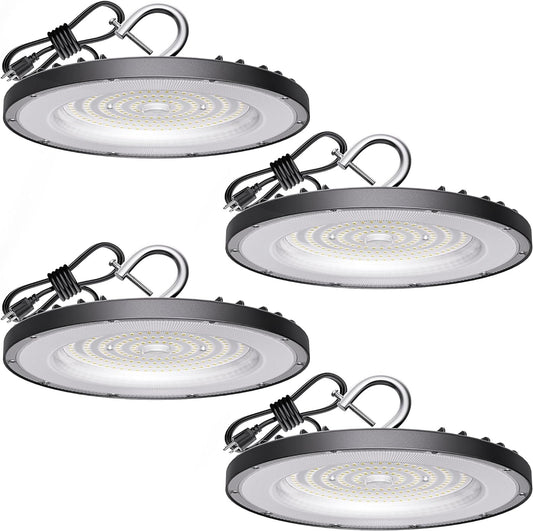 4 Pack UFO LED High Bay Light 150W(600W MH/HPS Equiv.), 21000lm, 5000K Daylight High Bay LED Shop Lights with 5' Cable US Hook, IP65 Commercial Light Fixture for Warehouse Workshop Barn Factory