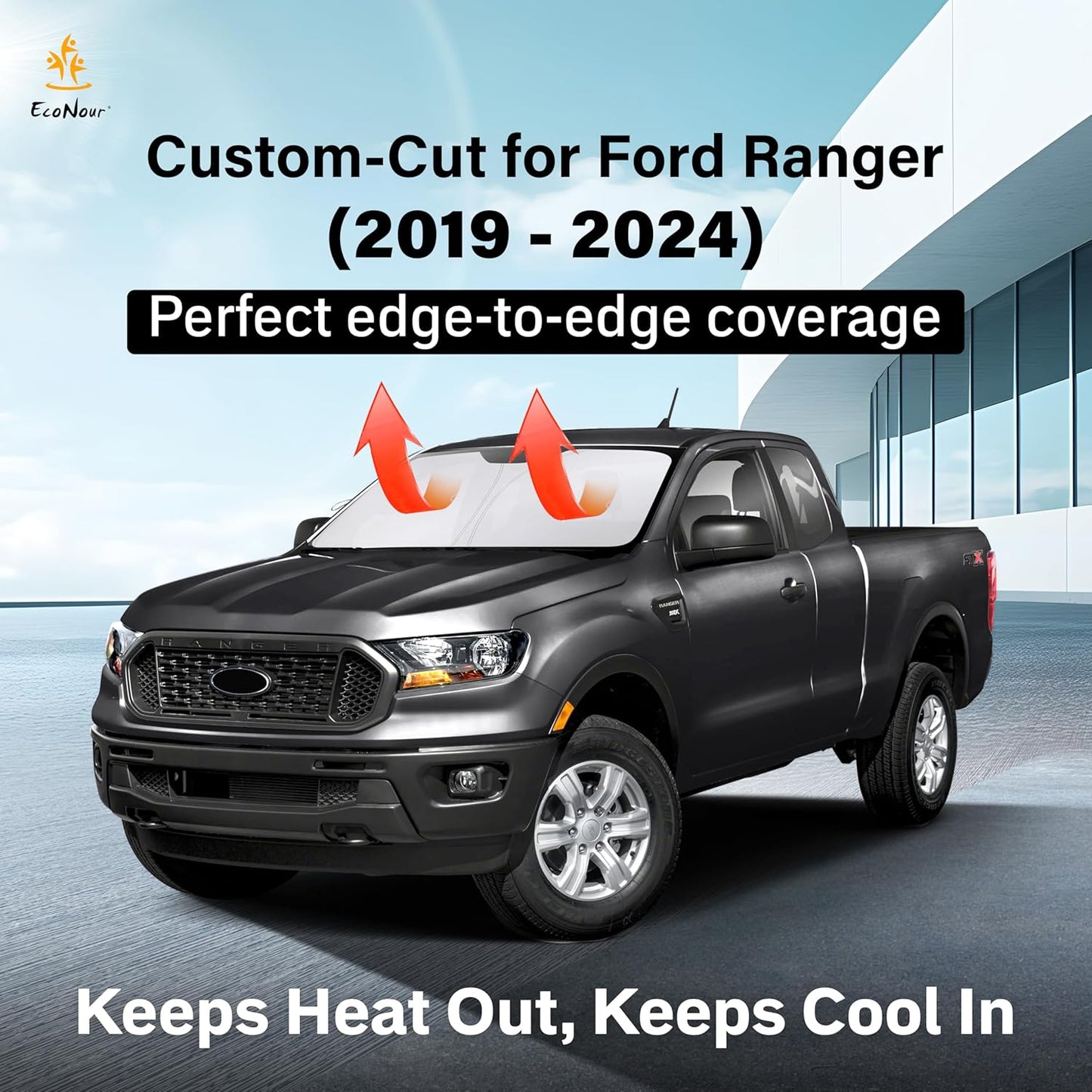 EcoNour Windshield Sun Shade Compatible for Ford Ranger (2019–2024) | Front Window Shade for Midsize Pickup Truck | 4-Layer, 240T Sunshade Accessories | UV & Heat Reflector for Ranger Windshield