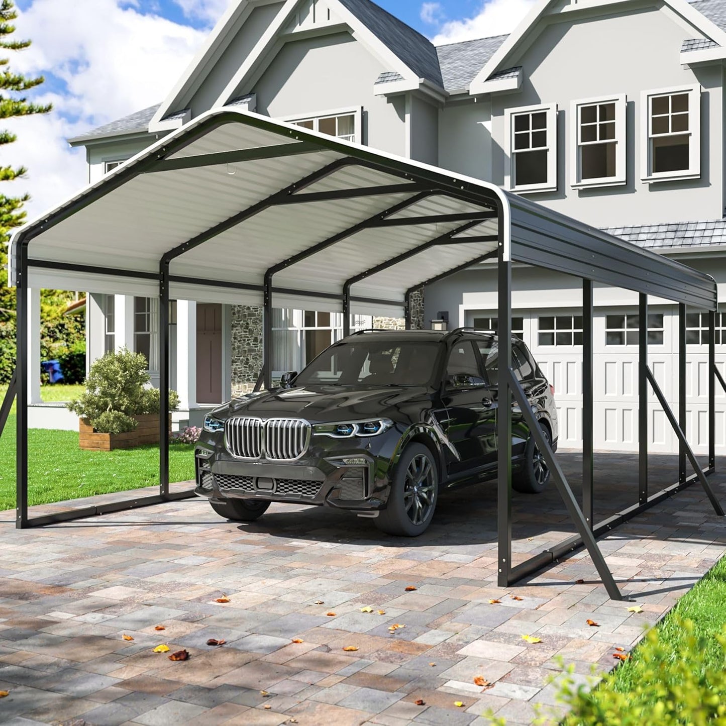 Carport 12x20 FT Heavy Duty Carports Canopy with Updated Frame Structure Galvanized Steel Roof and Enhanced Base, Metal Carport Garage for Pickup, Boat, Car and Tractors