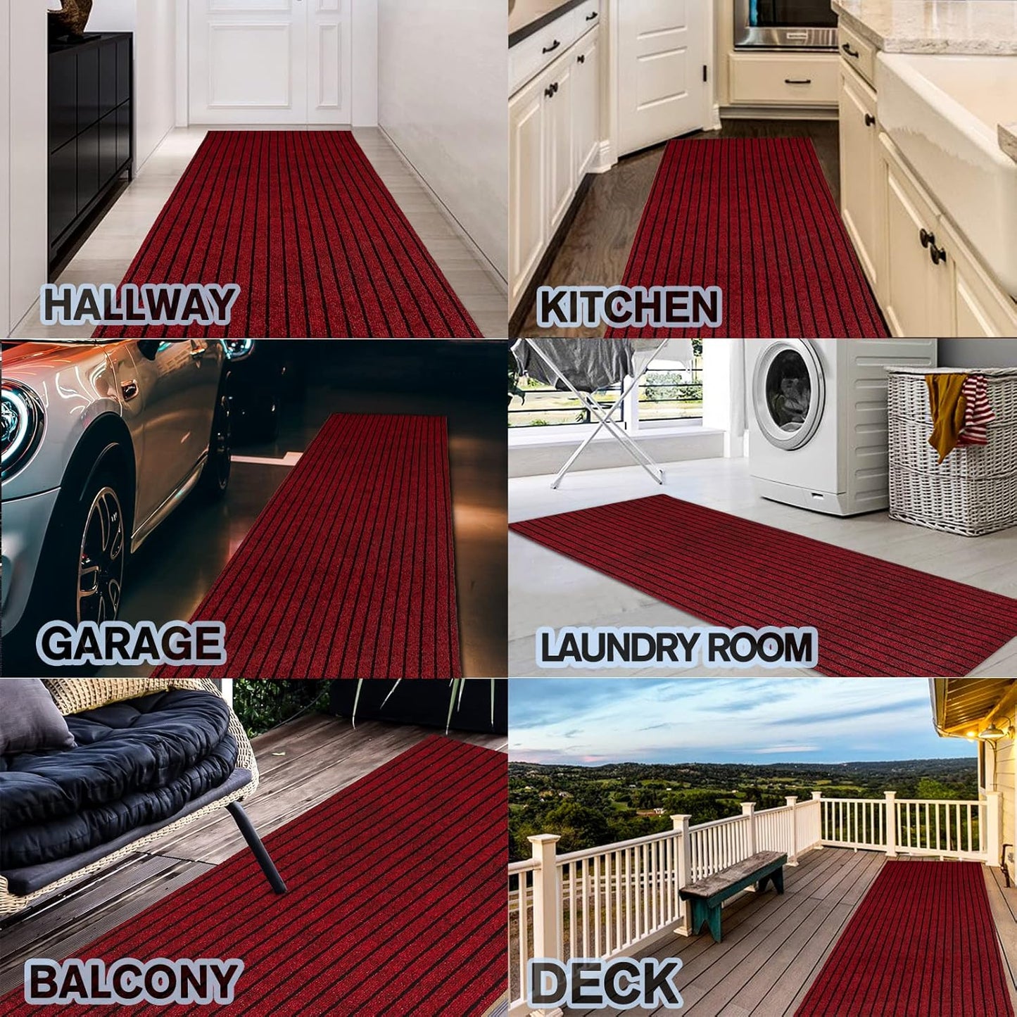 Custom Size Backed Non-Slip Area Rugs Runner, Easy Clean, Waterproof Runner Rugs for Hallway Entryway, Kitchen, Laundry, 2FT x 20FT, Red Stripe
