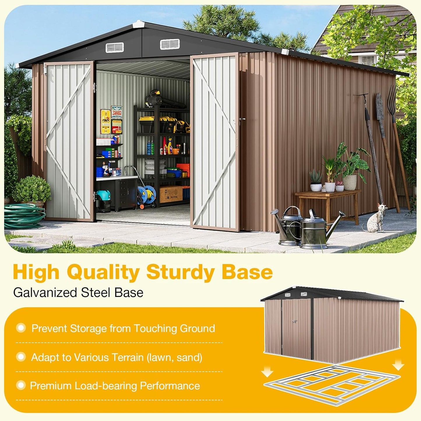 10x12 FT Outdoor Storage Shed with Base & Lockable Double Doors, Heavy-Duty Galvanized Steel Outdoor Metal Shed for Bike, Tool, Generator Storage in Backyard, Patio (10’x12’, Base)