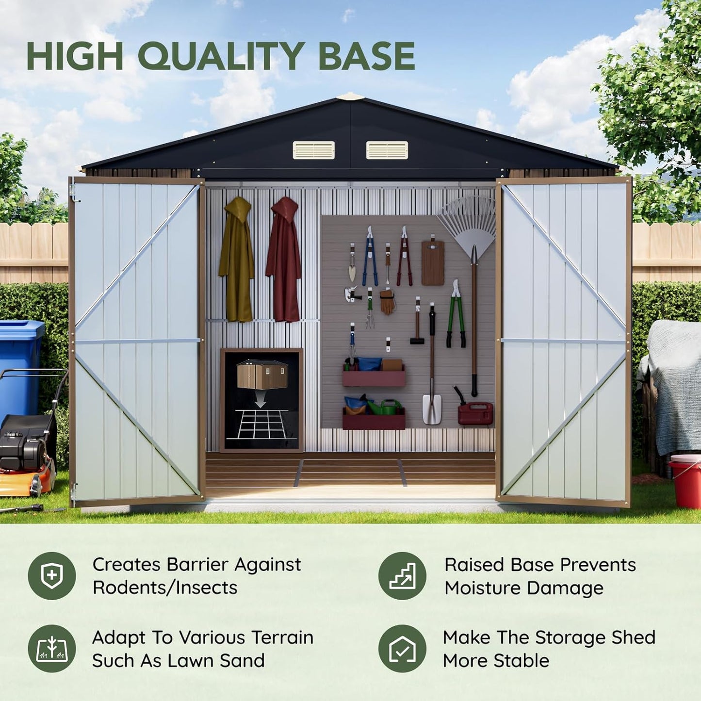 10x10 FT Outdoor Metal Storage Shed with Floor Frame, Double Swing Doors, 2 Clear Windows,Tool Shed for Garden, Patio, Backyard Brown