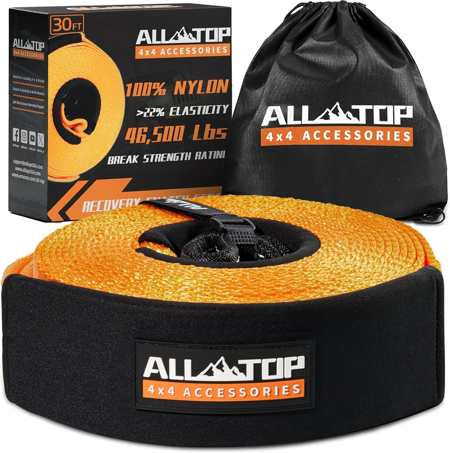 ALL-TOP Recovery Snatch Strap, 4in x 30ft - 46500Lbs, Extreme Duty 100% Nylon Kinetic Towing Recovery Strap with 22% Elongation & Reinforced Loops