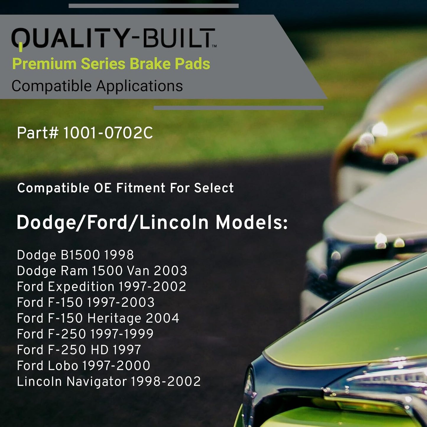 Premium Ceramic Front Brake Pads (1001-0702C) Compatible with 1997-2004 Dodge/Ford/Lincoln (B1500/Expedition/F-150/F-150 Heritage/F-250/F-250 HD/Lobo/Navigator/Ram 1500 Van)