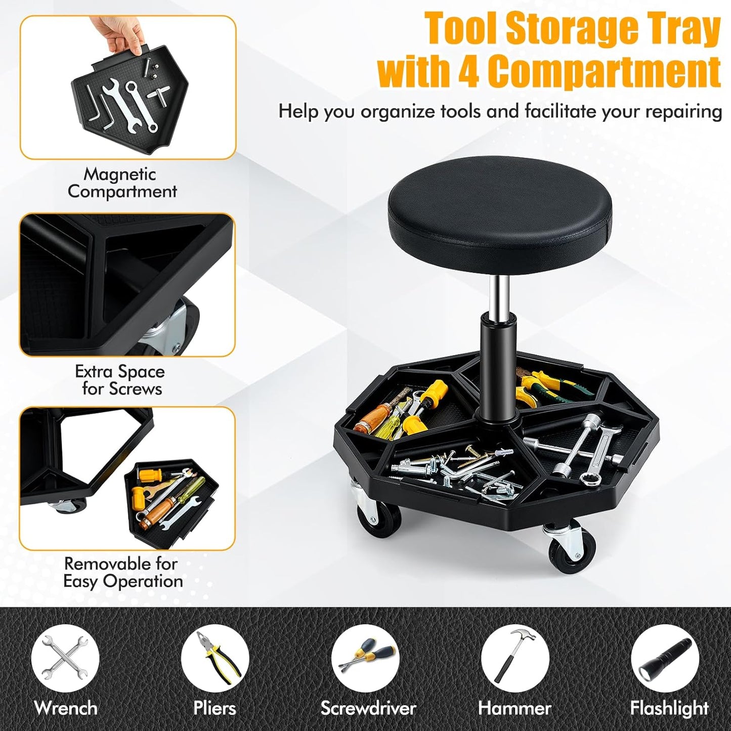 Adjustable Mechanic Rolling Stool, Pneumatic Rolling Stool with Wheels, Tool Storage Tray & Padded Seat Cushion, Garage Stool Chairs Creeper Seat (Black)